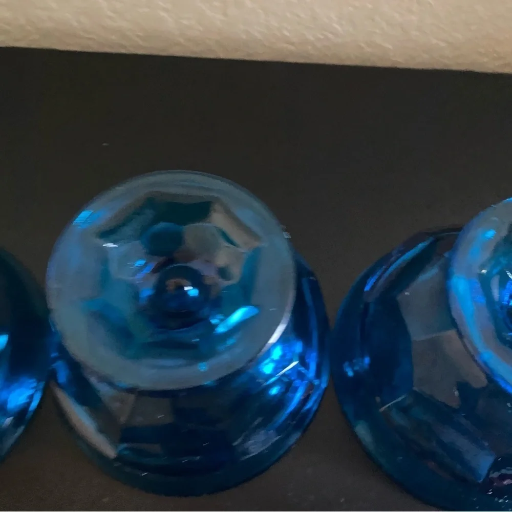 3 Viking Glass Bluenique Georgian Thumbprint Footed Blue Glass Dessert MCM Bowls